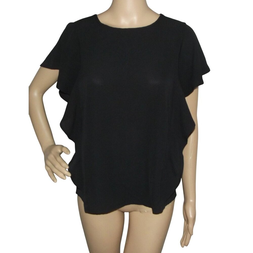 Moss Rose Blouse Womens Size Small black flutter short ruffle sleeve crew neck